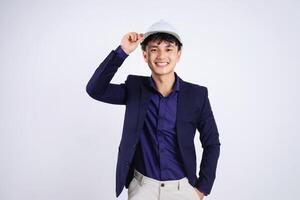 Photo of young Asian business man on white background