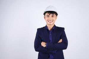 Photo of young Asian business man on white background