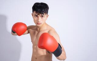 Photo of young Asian boxer on white background