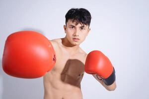 Photo of young Asian boxer on white background