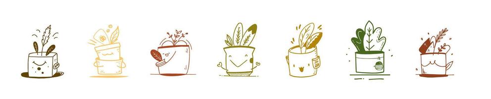 A row of doodle potted plants with cartoon faces, resembling mammal organisms. Each plant displays a unique gesture, creating a whimsical and lively display. vector