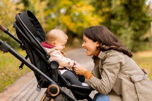 Young woman with cute baby girl in baby stroller at the autumn park photo