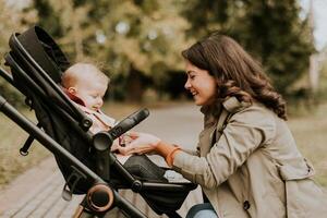 joven mujer con linda bebé niña en bebé paseante a el otoño parque foto