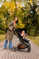 joven mujer con linda bebé niña en bebé paseante a el otoño parque foto
