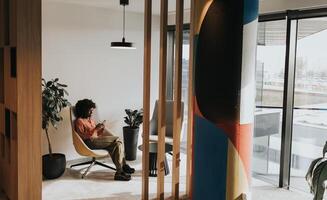 Serene Afternoon Break at a Modern Cozy Office Corner photo