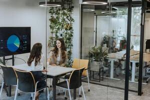 Young business women discussing in cubicle at the office photo