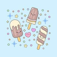 Ice cream biscuit glass vanilla chocolate strawberry with cute facial expressions and pastel colour vector