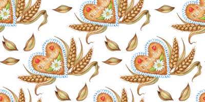 Aquarell Illustration Muster von traditionell bayerisch Gebäck und Ohren von Weizen, Lebkuchen Kekse im das gestalten von Herz. Oktoberfest isoliert von Hintergrund. zum Menüs, Banner, Poster Drucken png