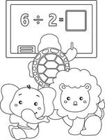 Cute Turtle Elephant Lion Animals and Mathematics Lesson Cartoon Coloring Activity for Kids and Adult vector