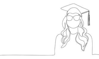 Graduation girl one line continuous. Line art graduated banner concept. Hand drawn art. vector