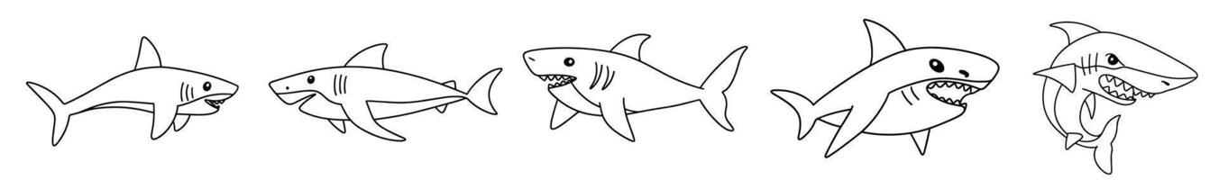 Set of sharks in doodle style. Hand drawn art. vector