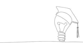 Bulb with graduated cap one line continuous. Line art graduated banner concept. Hand drawn art. vector