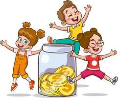 Boys and girls are putting money into the piggy bank. Fundraising concept. cartoon character illustration icon. Isolated on white background vector