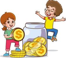 Niños y muchachas son poniendo dinero dentro el cerdito banco. recaudación de fondos concepto. dibujos animados personaje ilustración icono. aislado en blanco antecedentes vector