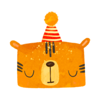 Tiger in a festive cap. Cute cartoon animal celebrating his birthday. Isolated kids illustration png