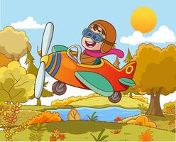 Happy smiling boy flying plane like a real pilot in retro leather flight helmet.Modern book illustration.Flat style cartoon illustration. vector