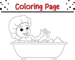 linda pequeño chico tomando bañera colorante página para niños vector