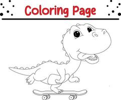 linda dinosaurio jugando patineta colorante página para niños vector