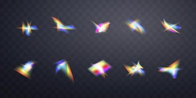 Blurred rainbow refraction overlay effect set. Light lens prism effect on background. Holographic reflection, crystal flare leak shadow overlay. vector