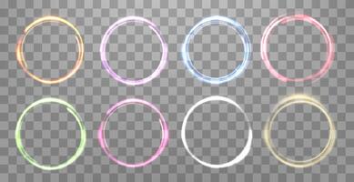 Glowing magic rings set. Neon realistic energy flare rings with sparkling particles. Abstract light effect vector