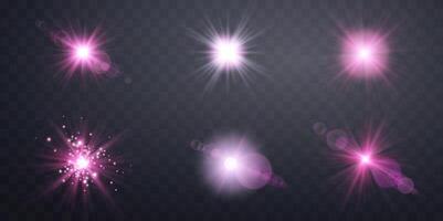 Pink lens flares set. Sun flash with rays or spotlight and bokeh. Pink glow flare light effect. vector