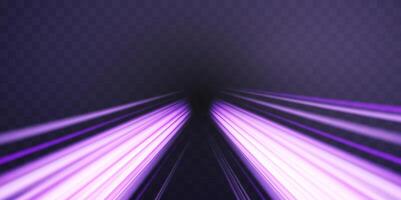 Radial speed rays, light neon flow, zoom in motion effect, purple glow speed lines, colorful light trails, perspective stripes vector