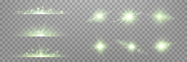 Green lens flares set. Sun flash with rays or spotlight and bokeh. Glow flare light effect. vector