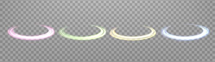 Glowing magic rings set. Neon realistic energy flare rings with sparkling particles. Abstract light effect vector