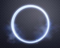 Blue magic circle with smoke. Neon realistic energy flare halo ring. Abstract light effect vector