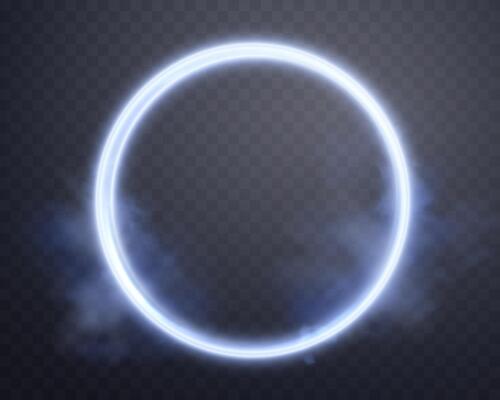Blue magic circle with smoke. Neon realistic energy flare halo ring. Abstract light effect