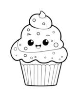 Cute Kawaii cupcake coloring Pages, Cupcake illustration, cupcake black and white, cupcake flat design, cake art. vector