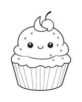 Cute Kawaii cupcake coloring Pages, Cupcake illustration, cupcake black and white, cupcake flat design, cake art. vector