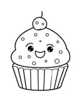 Cute Kawaii cupcake coloring Pages, Cupcake illustration, cupcake black and white, cupcake flat design, cake art. vector