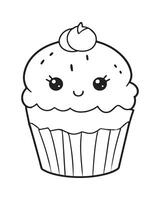 Cute Kawaii cupcake coloring Pages, Cupcake illustration, cupcake black and white, cupcake flat design, cake art. vector