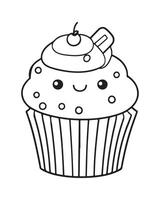 Cute Kawaii cupcake coloring Pages, Cupcake illustration, cupcake black and white, cupcake flat design, cake art. vector