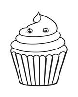 Cute Kawaii cupcake coloring Pages, Cupcake illustration, cupcake black and white, cupcake flat design, cake art. vector