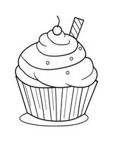 Cute Kawaii cupcake coloring Pages, Cupcake illustration, cupcake black and white, cupcake flat design, cake art. vector