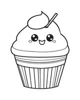 Cute Kawaii cupcake coloring Pages, Cupcake illustration, cupcake black and white, cupcake flat design, cake art. vector