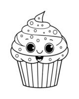 Cute Kawaii cupcake coloring Pages, Cupcake illustration, cupcake black and white, cupcake flat design, cake art. vector