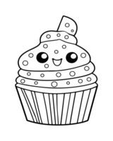 Cute Kawaii cupcake coloring Pages, Cupcake illustration, cupcake black and white, cupcake flat design, cake art. vector