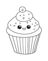 Cute Kawaii cupcake coloring Pages, Cupcake illustration, cupcake black and white, cupcake flat design, cake art. vector