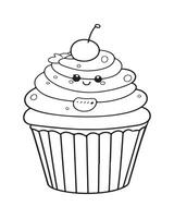 Cute Kawaii cupcake coloring Pages, Cupcake illustration, cupcake black and white, cupcake flat design, cake art. vector