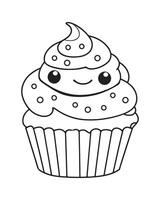 Cute Kawaii cupcake coloring Pages, Cupcake illustration, cupcake black and white, cupcake flat design, cake art. vector