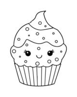 Cute Kawaii cupcake coloring Pages, Cupcake illustration, cupcake black and white, cupcake flat design, cake art. vector