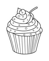 Cute Kawaii cupcake coloring Pages, Cupcake illustration, cupcake black and white, cupcake flat design, cake art. vector