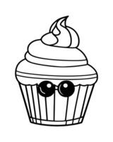 Cute Kawaii cupcake coloring Pages, Cupcake illustration, cupcake black and white, cupcake flat design, cake art. vector