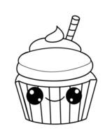 Cute Kawaii cupcake coloring Pages, Cupcake illustration, cupcake black and white, cupcake flat design, cake art. vector