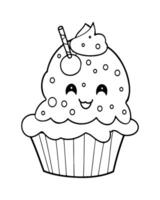 Cute Kawaii cupcake coloring Pages, Cupcake illustration, cupcake black and white, cupcake flat design, cake art. vector