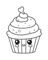 Cute Kawaii cupcake coloring Pages, Cupcake illustration, cupcake black and white, cupcake flat design, cake art. vector