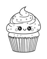 Cute Kawaii cupcake coloring Pages, Cupcake illustration, cupcake black and white, cupcake flat design, cake art. vector